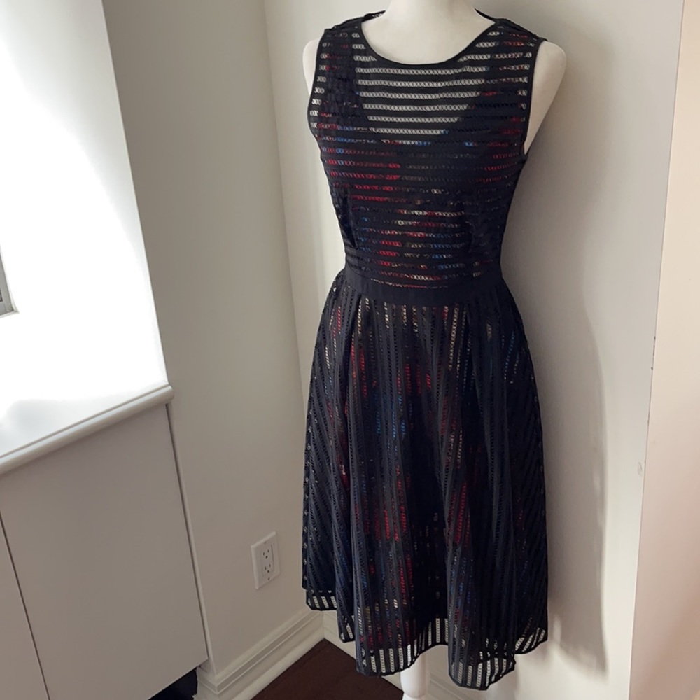 Rachel Roy colorful print with black open lace overlay, A line, ribbon waist